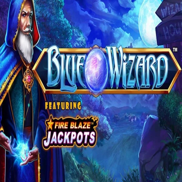 Blue Wizard Fire Blaze Jackpots logo by Rarestone Gaming at Zumospin Casino