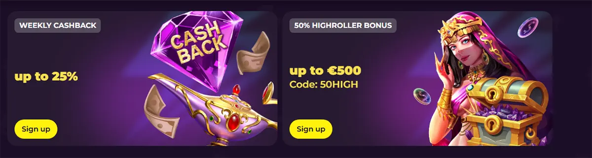 Promotional casino banners showing a weekly cashback offer up to 25% with a glowing gem and a 50% highroller bonus up to €500 featuring an illustrated character, both with sign-up buttons.