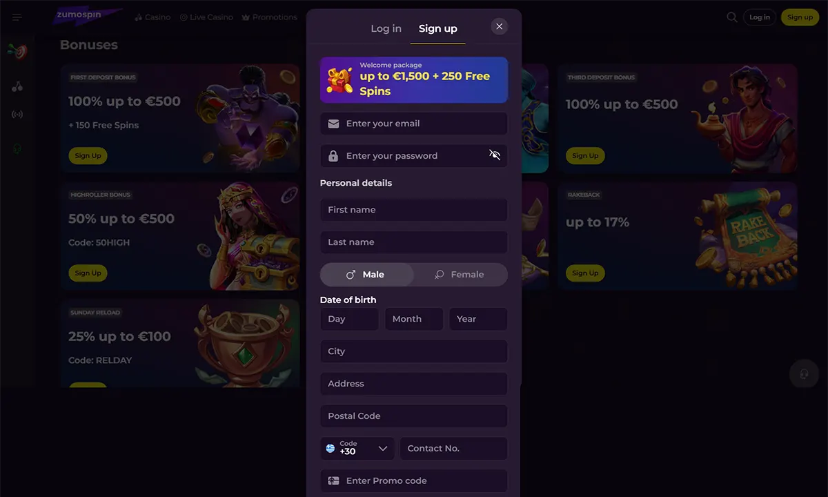 A centered purple sign-up modal over a casino bonuses page offering a welcome package up to €1,500 plus 250 free spins, with fields for email, password, personal details, date of birth, address, phone number, and promo code.